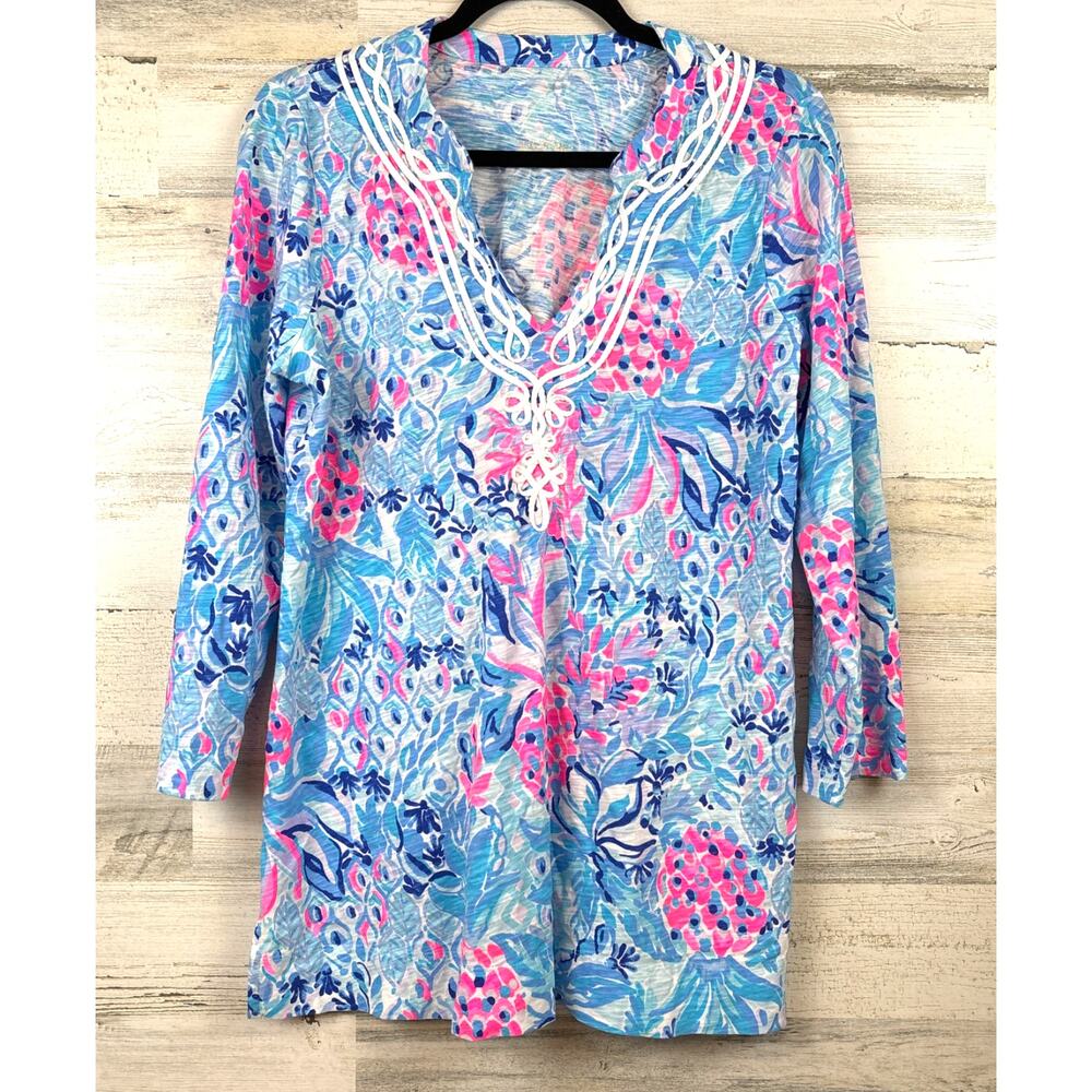 Lilly Pulitzer Womens L Blue Pink Kaia Tunic Top Resort 3/4 Sleeve Lightweight